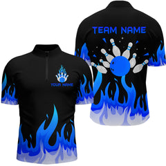 Maxcorners Custom Blue Flame Bowling Shirts for Men Polo & Quarter-Zip Bowling Team Jerseys MT1706