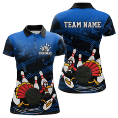 Maxcorners Custom Blue Funny Turkey Bowling Jersey for Men Thanksgiving Bowling Team Shirts Polo & 1/4 Zip MT2009
