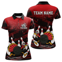 Maxcorners Custom Red Funny Turkey Bowling Jersey for Men Thanksgiving Bowling Team Shirts Polo & 1/4 Zip MT2009