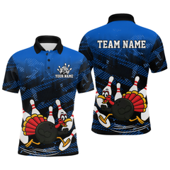 Maxcorners Custom Blue Funny Turkey Bowling Jersey for Men Thanksgiving Bowling Team Shirts Polo & 1/4 Zip MT2009