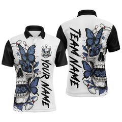 Maxcorners Blue Butterfly Skull Bowling Men Bowling Shirt Polo & Quarter-Zip Bowling Team Jerseys LM1506
