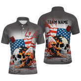 Maxcorners Custom American Flag Skull Flame Bowling Men Polo & 1/4 Zip Shirts Bowling Team Jerseys LM3006