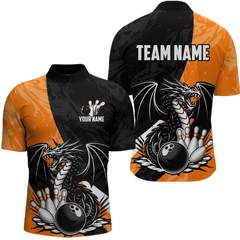 Maxcorners Custom Orange Dragon Bowling Men Shirts Bowling Uniform Polo & 1/4 Zip Bowling Team Jerseys LM0803