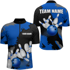 Maxcorners Blue Bowling Jersey Men Women Custom Bowling Team Shirts Unisex Bowling Polo Quarter-Zip