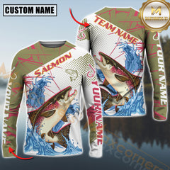 Maxcorners Salmon Fishing Jersey Yellow Splash Personalized Name, Team Name 3D Long Sleeve Shirt