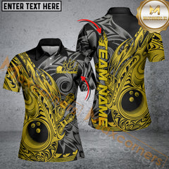 Maxcorners Custom Black And Yellow Flame Tribal Polynesian Bowling Men Polo Shirts, Bowling Team Uniform