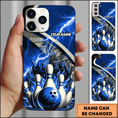 Maxcorners Bowling Thunder Storm Electric Blue Pins Personalized Name 3D Phone Case
