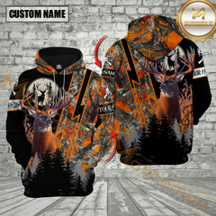 Maxcorners Orange Camo Deer Hunting Custom Name Buck Deer With Forest Background 3D Hoodie All Over Printed Clothes
