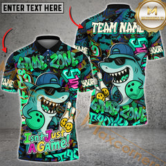 Maxcorners Bowling Cool Shark Graffiti Street Style Multicolor Customized Name, Team Name 3D Polo Shirt