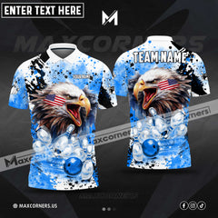 Maxcorners Bowling And Pins Eagle American Flag Paint Pattern Customized Name, Team Name 3D Polo Shirt (4 colors)