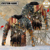 Maxcorners USA Flag Hunter Moose Hunting Mutilcolor Custom Name Shirt 3D All Over Printed Clothes (4 Colors)