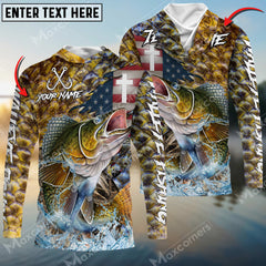 Maxcorners Walleye Fishing American Flag Camo Cross Skin Pattern Sun Protection Personalized Name, Team Name Long Sleeve Shirt