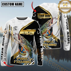 Maxcorners Pike Fishing Hook Graphic & Jumping Fish Art Personalized Name, Team Name 3D Long Sleeve Shirt