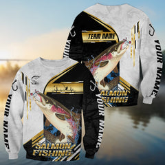 Maxcorners Salmon Fishing Hook Graphic & Jumping Fish Art Personalized Name, Team Name 3D Long Sleeve Shirt