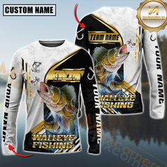 Maxcorners Walleye Fishing Hook Graphic & Jumping Fish Art Personalized Name, Team Name 3D Long Sleeve Shirt
