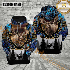 Maxcorners Moose Hunting Blue Camouflage Forest Pattern Custom Name Shirt 3D All Over Printed Clothes