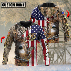 Maxcorners US Flag Patriotic Deer Hunting Leather Pattern Custom Name Shirt 3D All Over Printed Clothes (4 Colors)