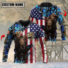 Maxcorners US Flag Patriotic Moose Hunting Leather Pattern Custom Name Shirt 3D All Over Printed Clothes (4 Colors)
