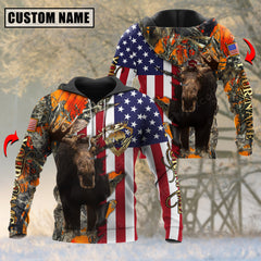 Maxcorners US Flag Patriotic Moose Hunting Leather Pattern Custom Name Shirt 3D All Over Printed Clothes (4 Colors)