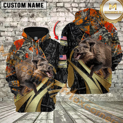 Maxcorners Orange Camo Boar Hunting Custom Name Hunter Apparel With American Flag 3D Hoodie All Over Printed Clothes