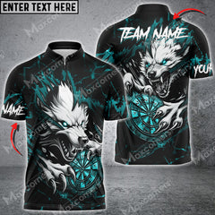 Maxcorners Personalized Wolf Lightning Darts Polo & Quarter Zip Custom Men Dart Shirts Darts Jersey |Turquoise