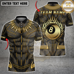 Maxcorners Billiards Black Gold Muscle Armor Flaming 8 Ball Personalized Name, Team Name 3D Shirt