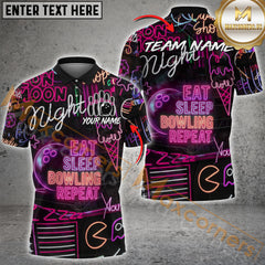 Maxcorners Bowling Eat Sleep Bowl Repeat Neon Style Multicolor Customized Name, Team Name 3D Shirts