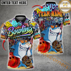 Maxcorners Graffiti-Style Shark Bowling Jersey Personalized Name, Team Name 3D Shirt