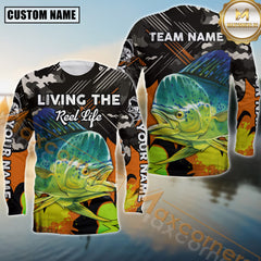 Maxcorners Mahi-Mahi Fishing Jersey Living the Reel Life Camo Style Sport Jersey Personalized Name, Team Name Long Sleeve Shirt