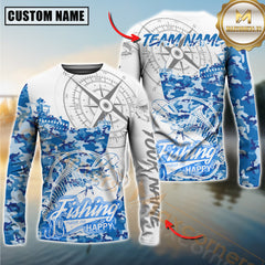 Maxcorners Marlin Fishing Blue Camouflage Compass Hook Design Pattern Sport Jersey Personalized Name, Team Name Long Sleeve Shirt
