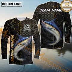 Maxcorners Marlin Fishing Jersey Gold Black Honeycomb Sport Jersey Personalized Name, Team Name Long Sleeve Shirt