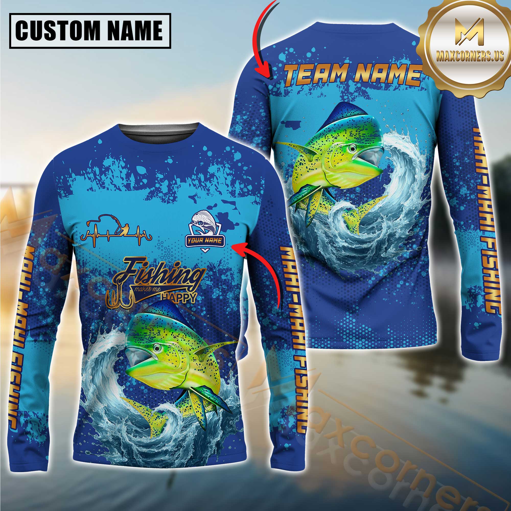 Custom Mahi Mahi Fishing Shirt Long Sleeve – 3D Jumping Fish Design with Personalized Name and Team Name for Angler