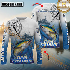 Maxcorners Tuna Fishing Realistic Fish Compass Anchor Pattern Sport Jersey Personalized Name, Team Name Long Sleeve Shirt