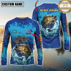 Custom Bass Fishing Shirt Long Sleeve – 3D Jumping Fish Design with Personalized Name and Team Name for Anglers