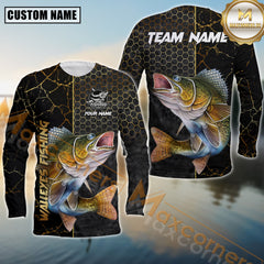 Maxcorners Walleye Fishing Jersey Gold Black Honeycomb Sport Jersey Personalized Name, Team Name Long Sleeve Shirt