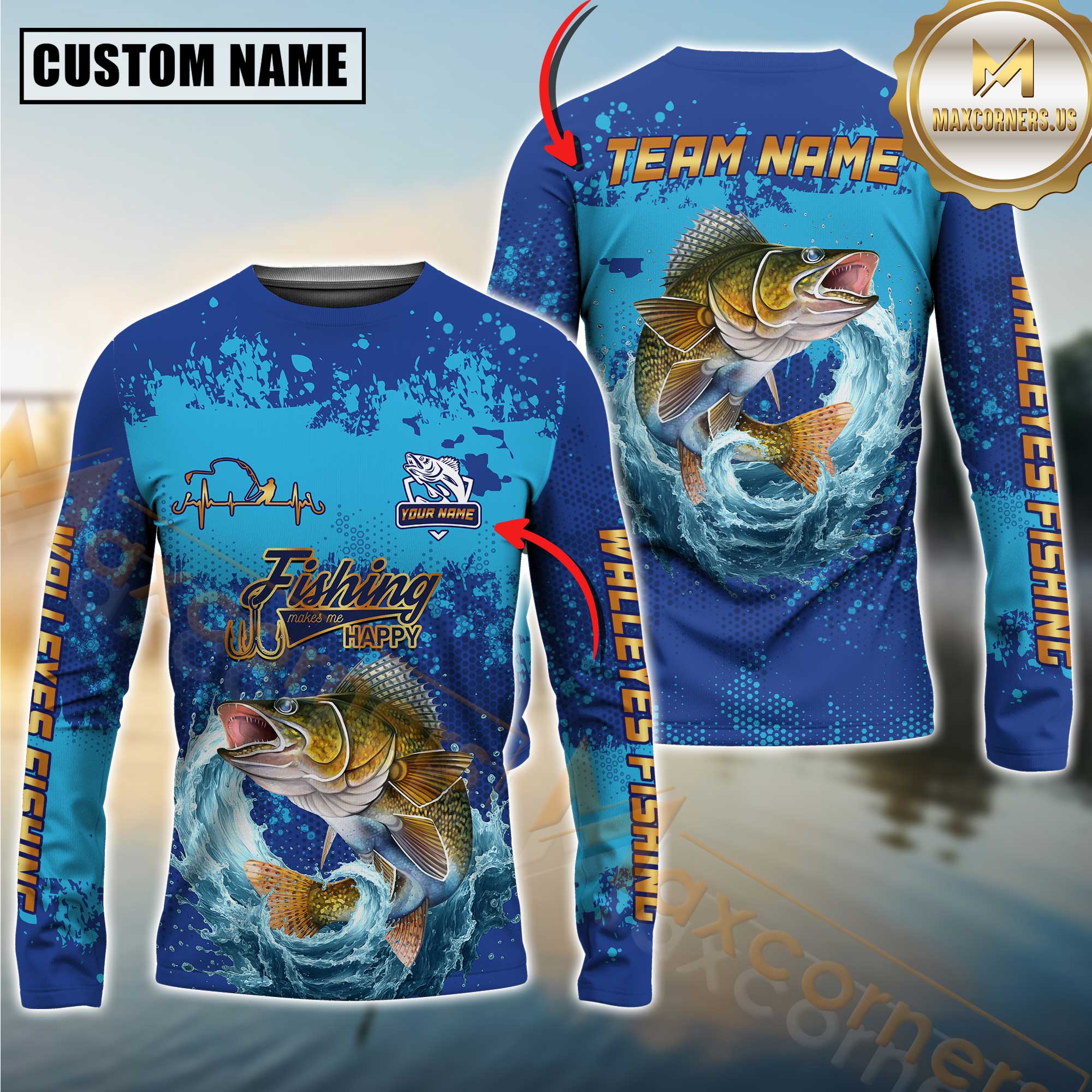 Custom Walleye Fishing Shirt Long Sleeve – 3D Jumping Fish Design with Personalized Name and Team Name for Anglers
