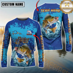 Custom Walleye Fishing Shirt Long Sleeve – 3D Jumping Fish Design with Personalized Name and Team Name for Anglers