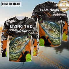 Maxcorners Crappie Fishing Jersey Living the Reel Life Camo Style Sport Jersey Personalized Name, Team Name Long Sleeve Shirt