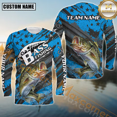 Maxcorners Bass Fishing Blue Star Grunge Style Pattern Sport Jersey Personalized Name, Team Name Long Sleeve Shirt