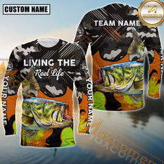 Maxcorners Bass Fishing Jersey Living the Reel Life Camo Style Sport Jersey Personalized Name, Team Name Long Sleeve Shirt