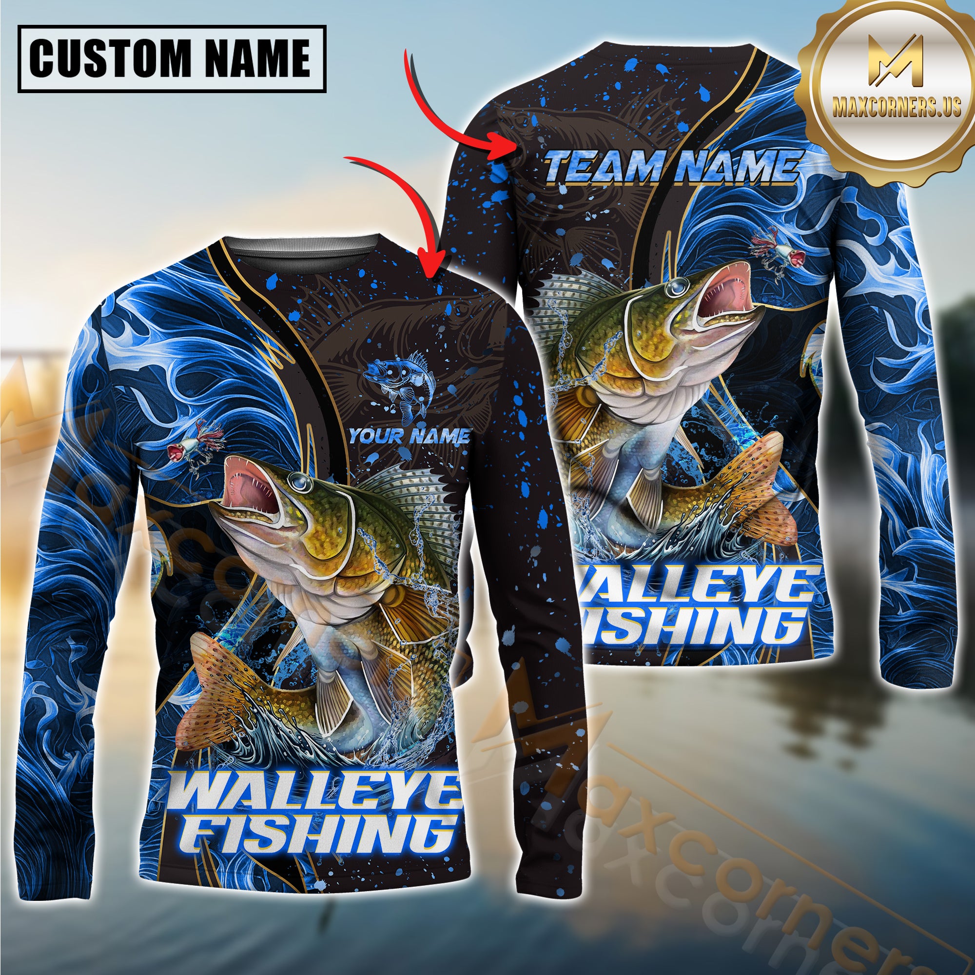 Custom Walleye Fishing Shirt Long Sleeve – 3D Jumping Fish Design with Personalized Name and Team Name for Anglers