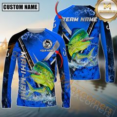 Maxcorners Mahi-Mahi Fishing Dark Blue Flame Silver Reel Pattern Jersey Personalized Name, Team Name Long Sleeve Shirt