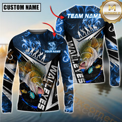 Maxcorners Walleyes Fishing Silver Line Blue Flame Pattern Jersey Personalized Name, Team Name Long Sleeve Shirt