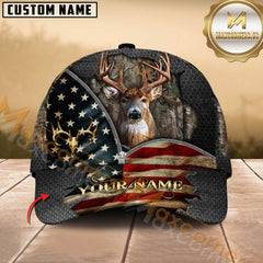 Maxcorners Buck Deer Antler American Flag Zipper Multicolor Options Personalized Name 3D Cap