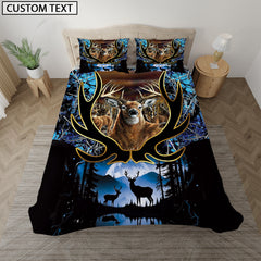 Maxcorners Custom Name Deer Hunting Blue Camo Couple Sunset Pattern Bedding Set 3D All Over Printed