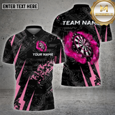 Futuristic black dartboard shirt with fire impact design – custom name and team 3D darts jersey in 4 color options
