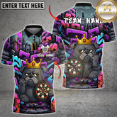 Graffiti-style darts shirt featuring a cartoon bulldog with a crown, holding a dartboard. Urban background with vibrant neon colors.