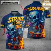 Maxcorners Bowling Shirt Strike or Die Flaming Skeleton Skateboard Style Multioptions Personalized Name, Team Name Unisex 3D Shirt (4 Colors)