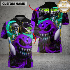 Neon green toxic monster bowling shirt with skull graphic and flaming effect, personalized name and team, unisex 3D sports shirt