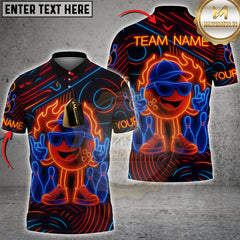 Hyperpop bowling shirt with flaming neon cartoon bowling ball, Rock n' Roll style, multicolor options, personalized name and team name, 3D unisex shirt